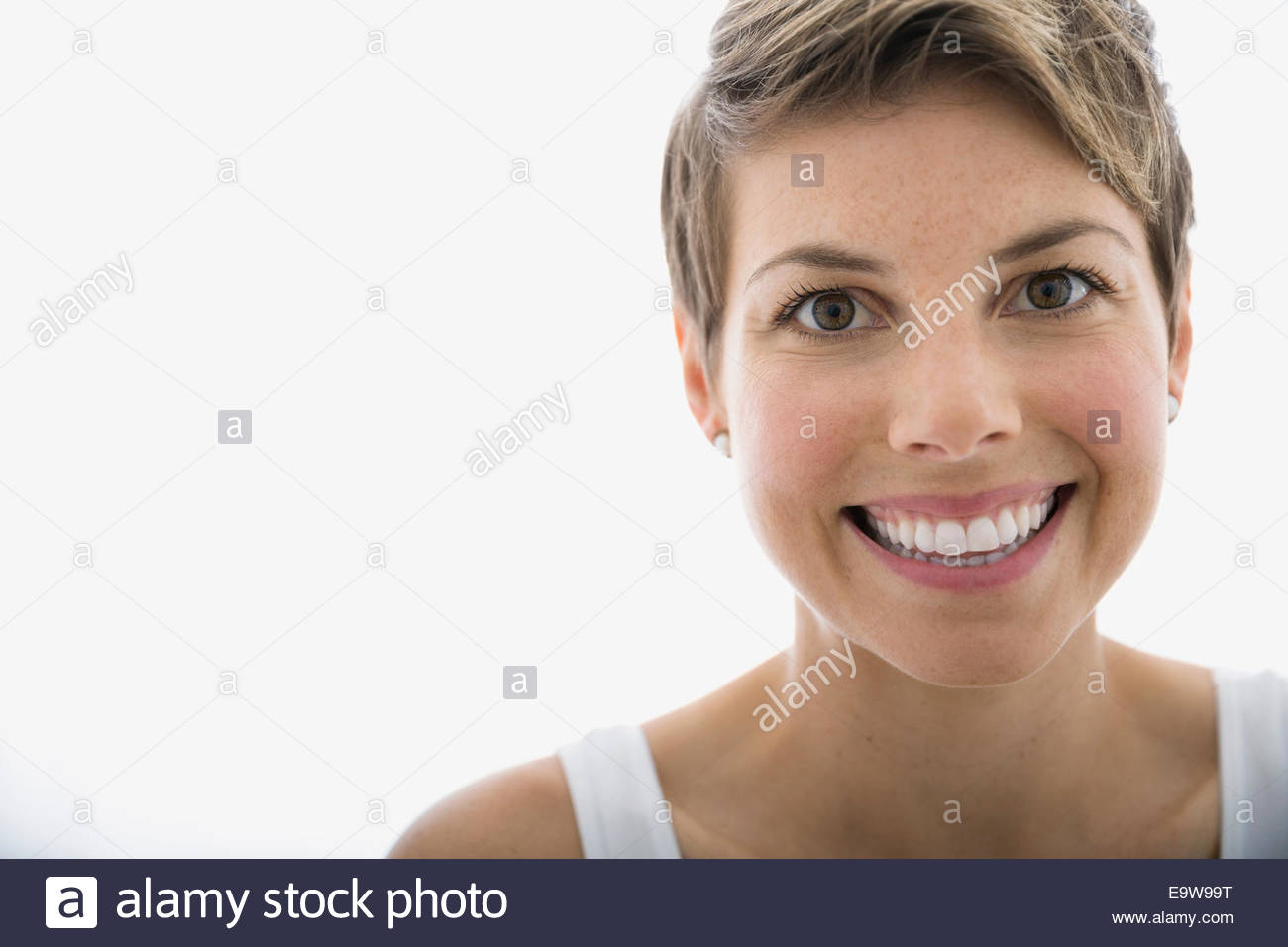 Porträt von lächelnden blonden Frau hautnah Stockfoto
