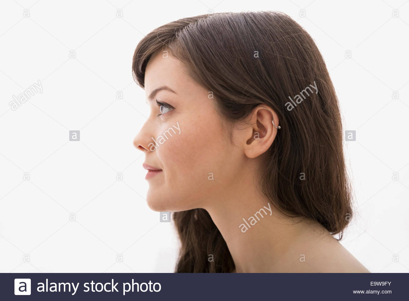 Profil von nachdenklich Brünette Frau hautnah Stockfoto