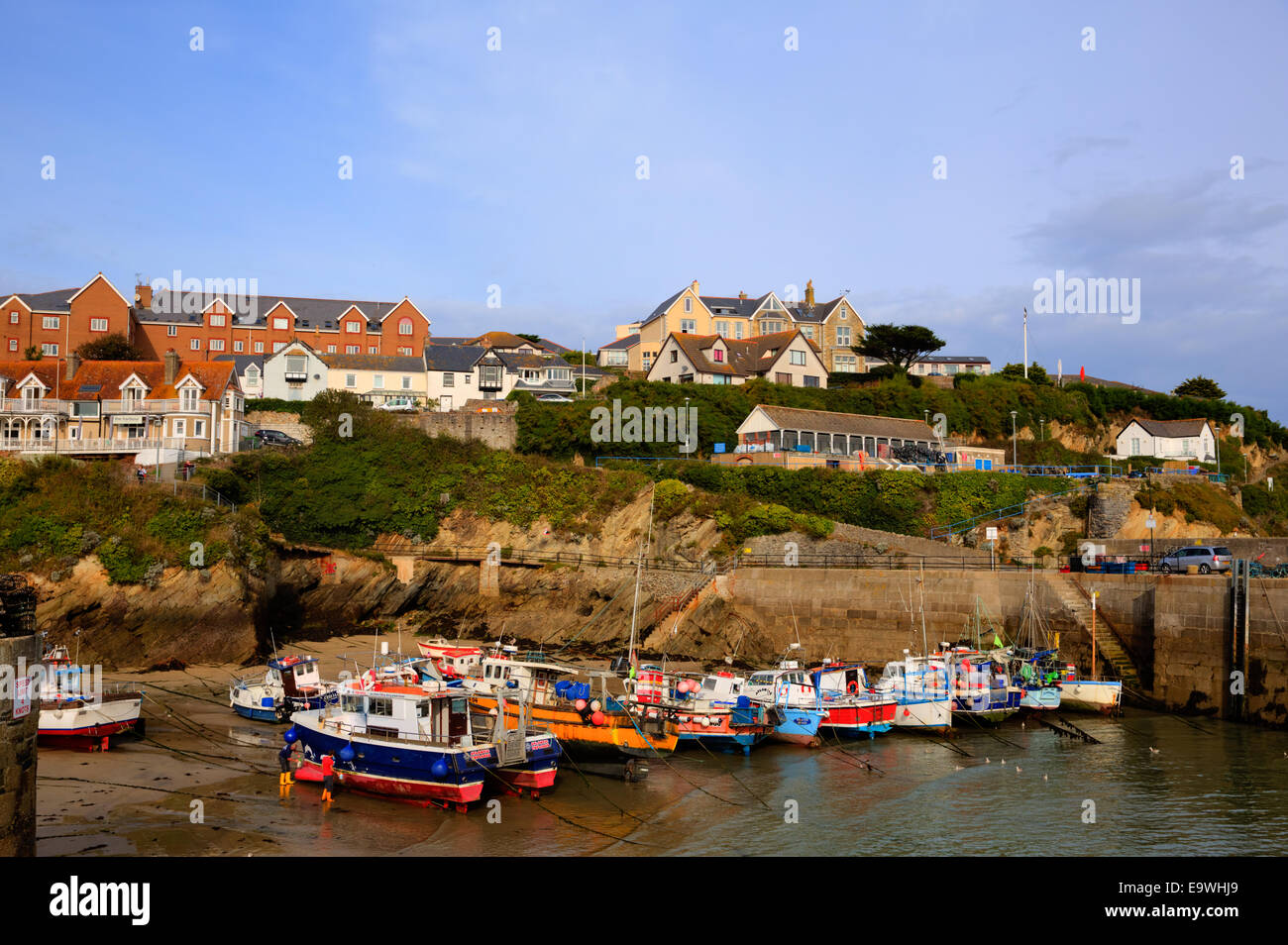 Newquay Hafen Cornwall England UK mit Häuser und Boote Stockfoto