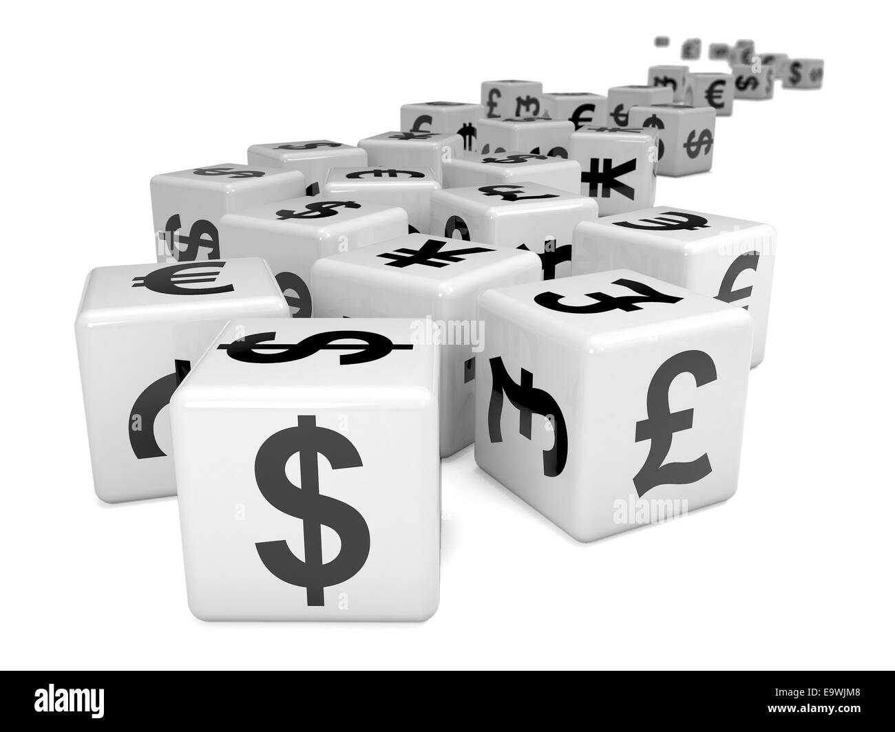 3D Render des Stroms der Würfel mit Währungssymbole gekennzeichnet Stockfoto