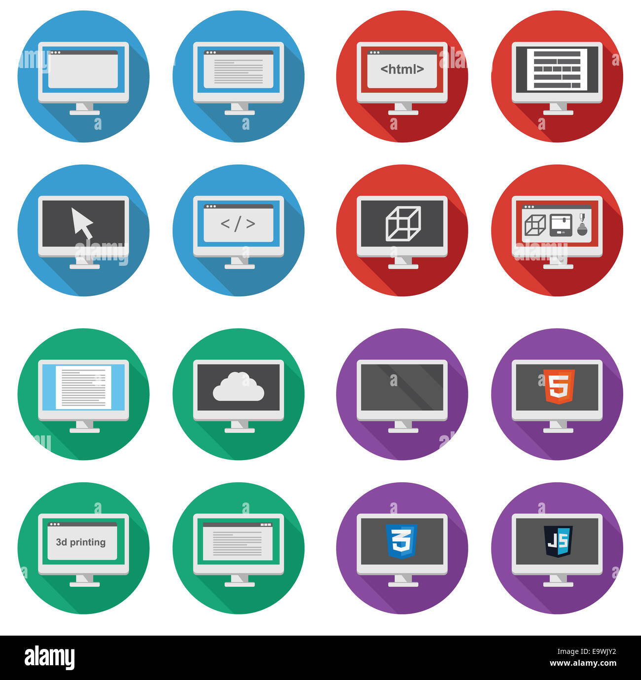 Vektor-Sammlung von Web-Entwicklung runden Symbole: Bildschirm des PCs zeigt Web-Entwicklung, Büroarbeit, 3d Druck - Stockfoto