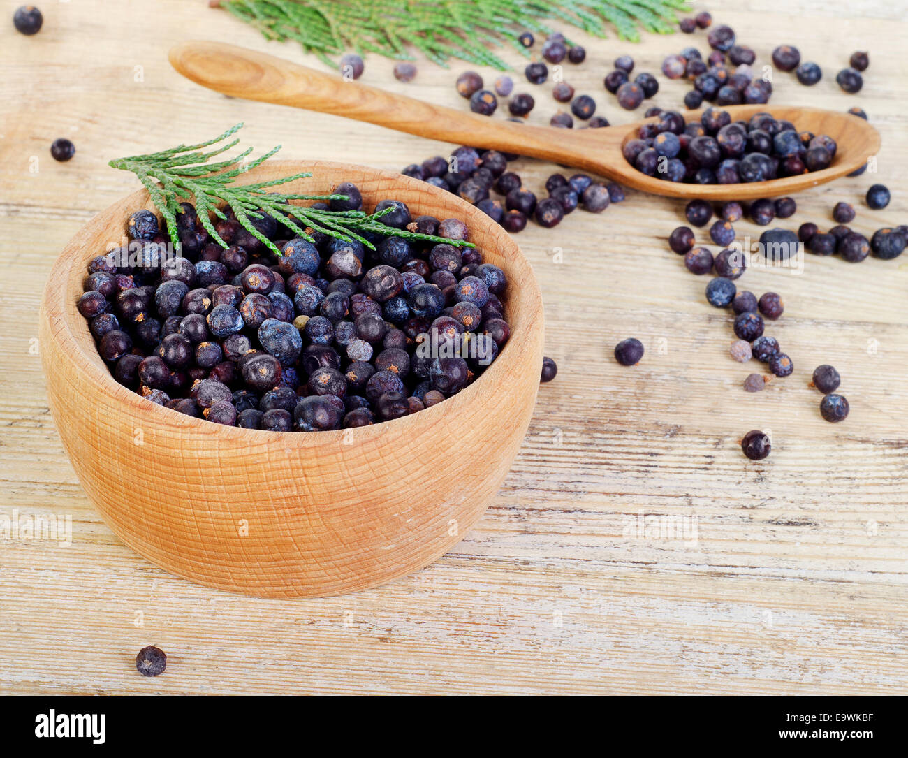 Holzschale mit Samen von Juniper. Selektiven Fokus Stockfoto