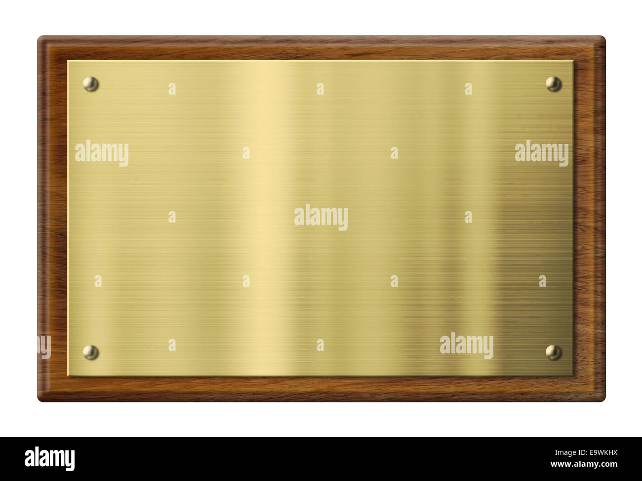 Hölzerne Tafel mit Messing oder gold Metallplatte. Clipping-Pfad enthalten. Stockfoto