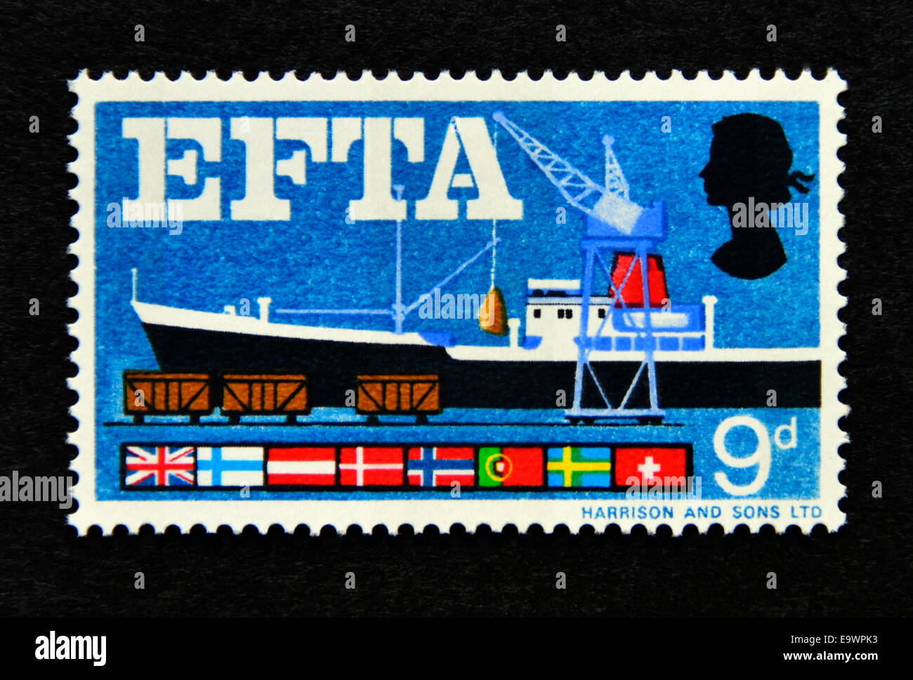 Briefmarke. Great Britain. Königin Elizabeth II.  Europäische Freihandelsassoziation (EFTA). 1967. Stockfoto