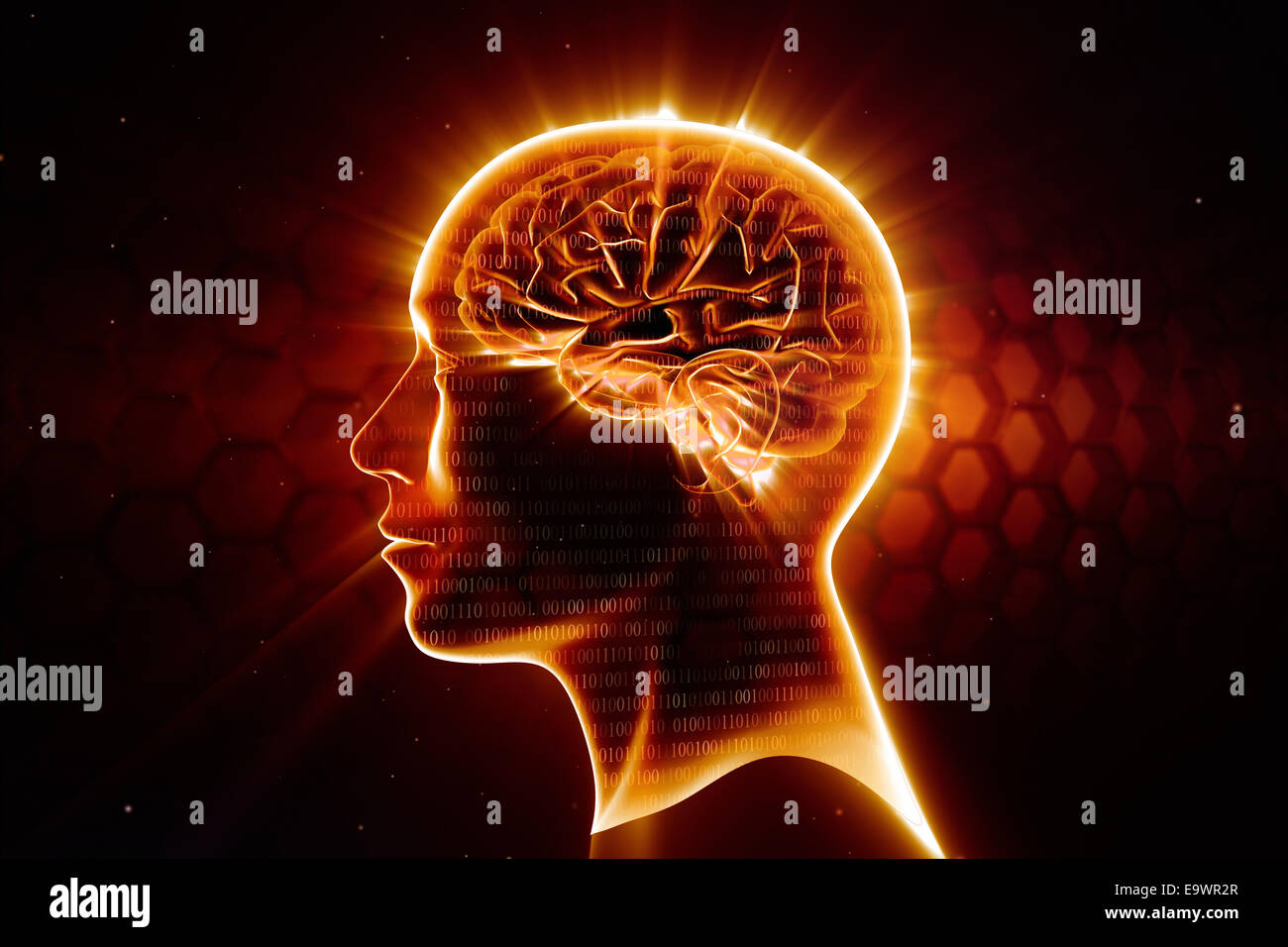 Kopf des Mannes mit leuchtenden Gehirn. Stockfoto