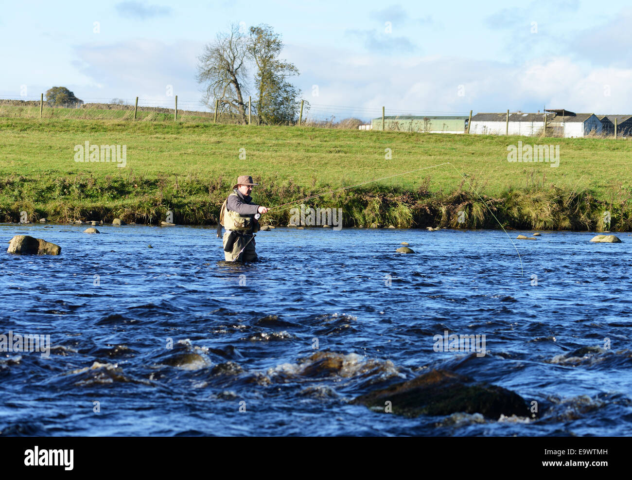 Fliegenfischen Sie auf dem River Tees in County Durham, Großbritannien Stockfoto