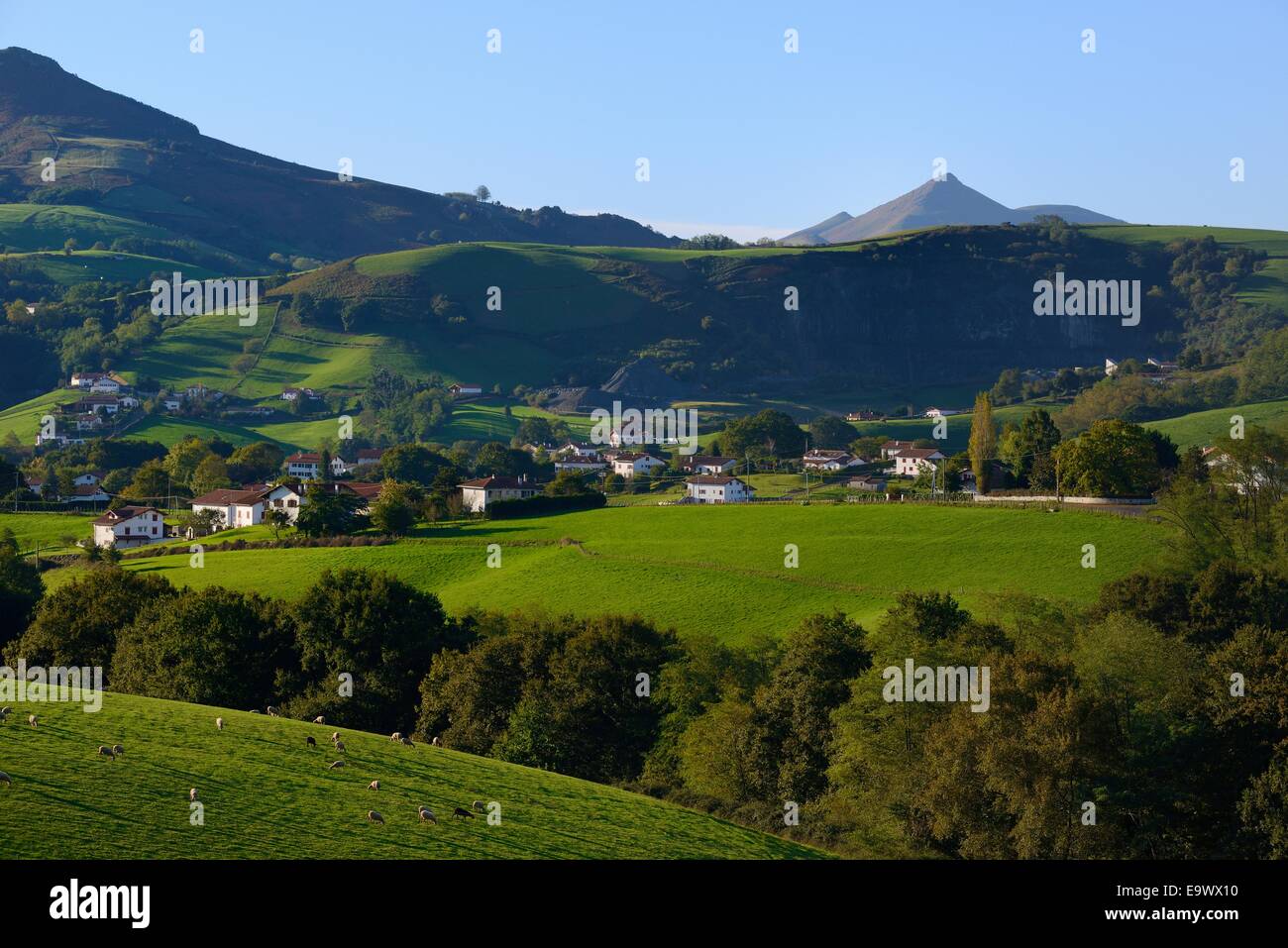 Frankreich, Pays Basque, atlantischen Pyrenäen, Labourd, Wiesen und traditionelle Häuser Stockfoto