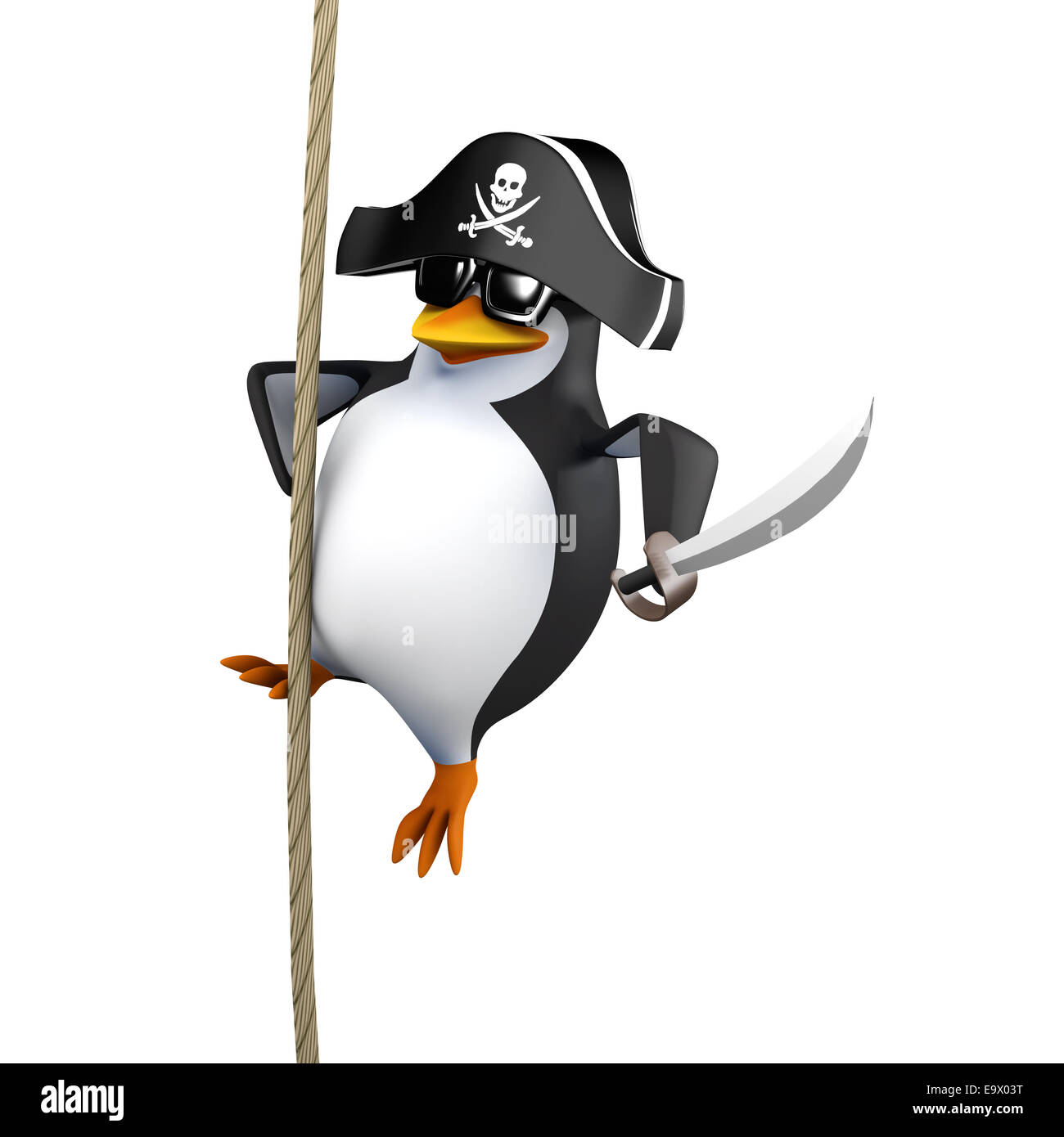 3D Rendering eines Pinguin Piraten schwingen an einem Seil mit Cutlass parat Stockfoto
