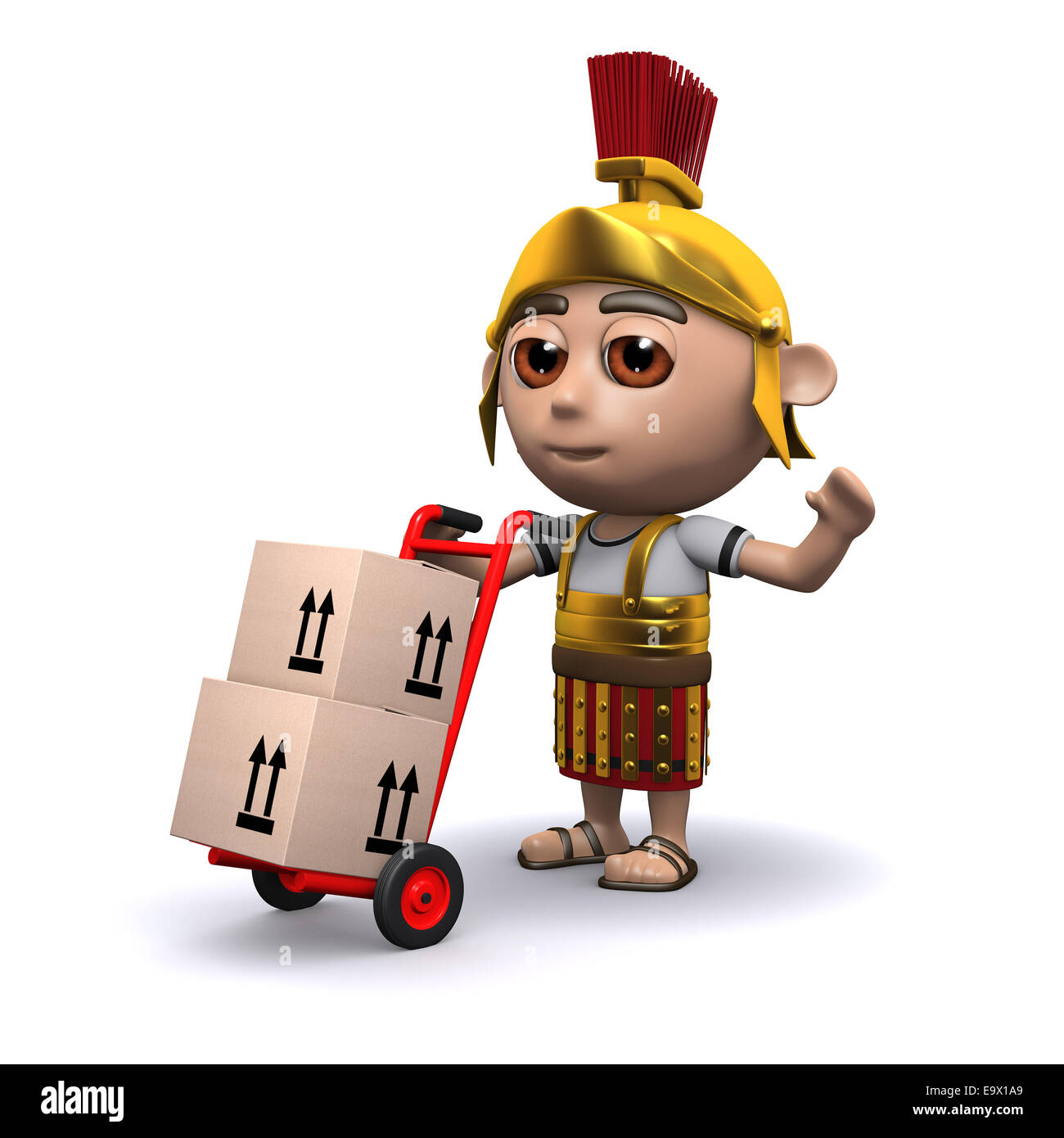 3D Render an einem römischen Soldaten, die Machenschaften einiger Kartons auf einem Handwagen Stockfoto