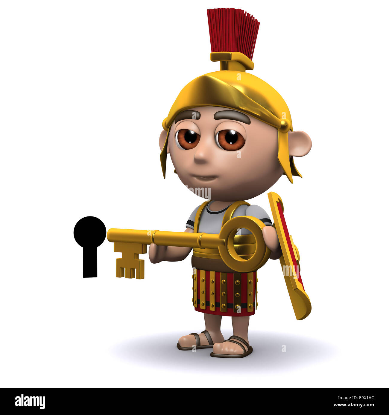3D Render an einem römischen Soldaten halten einen goldenen Schlüssel, Schlüsselloch Stockfoto