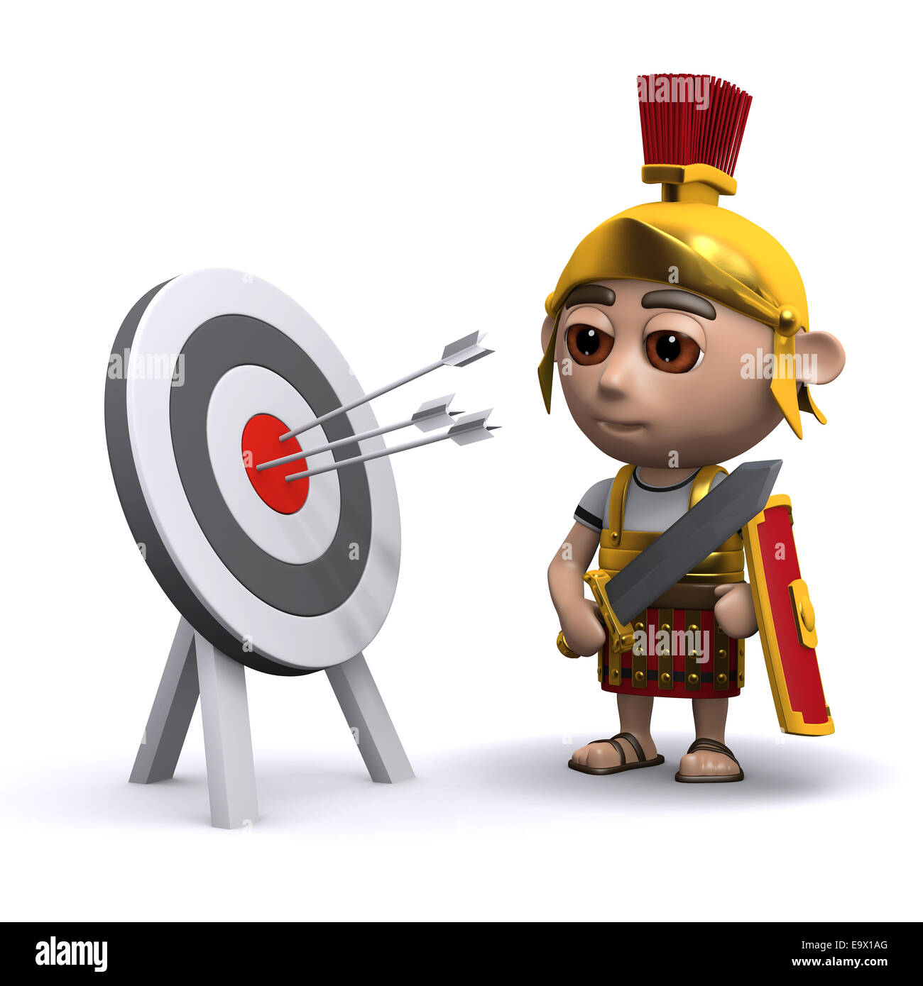 3D Render an einem römischen Soldaten, die auf der Suche auf ein Ziel mit drei Pfeilen in das bullseye Stockfoto