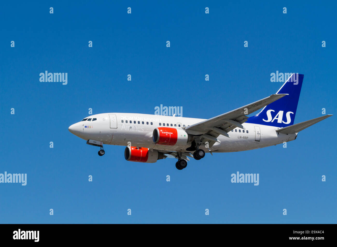 Scandinavian Airlines SAS Boeing 737 Flug-, LN-UVP auf ihren Ansatz für die Landung in London Heathrow, England, Großbritannien Stockfoto