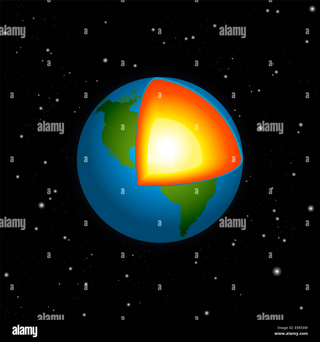 Querschnitt des blauen Planetenerde mit seiner flammenden heißen inneren Kern Stockfoto