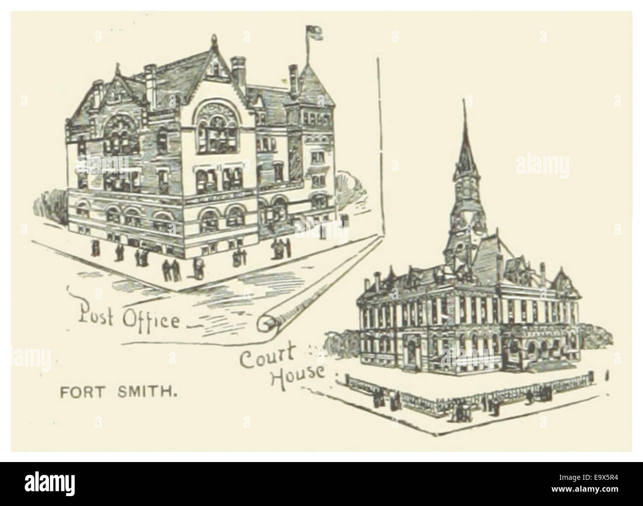 Seite 64 des Arkansas State Gazetteer von 1891, in dem Details über Fort Smith, einen historischen Militärposten in Arkansas, beschrieben werden. Stockfoto
