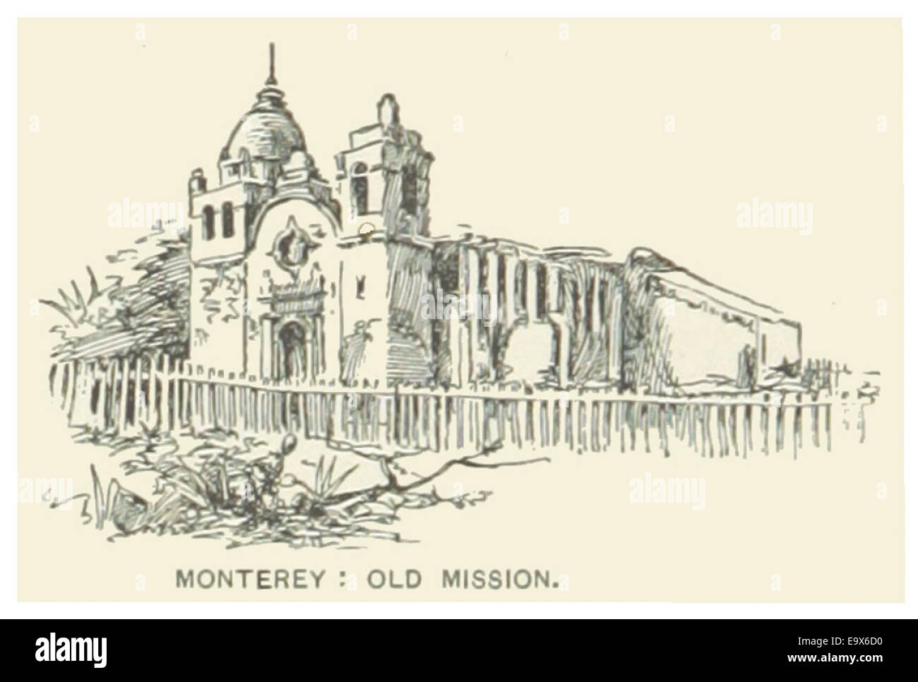 Eine Zeichnung der Old Mission aus dem Jahr 1891 in Monterey, Kalifornien. Die Illustration zeigt die historische Bedeutung dieser spanischen Mission, die eine Schlüsselrolle in der frühen Entwicklung Kaliforniens spielte. Stockfoto