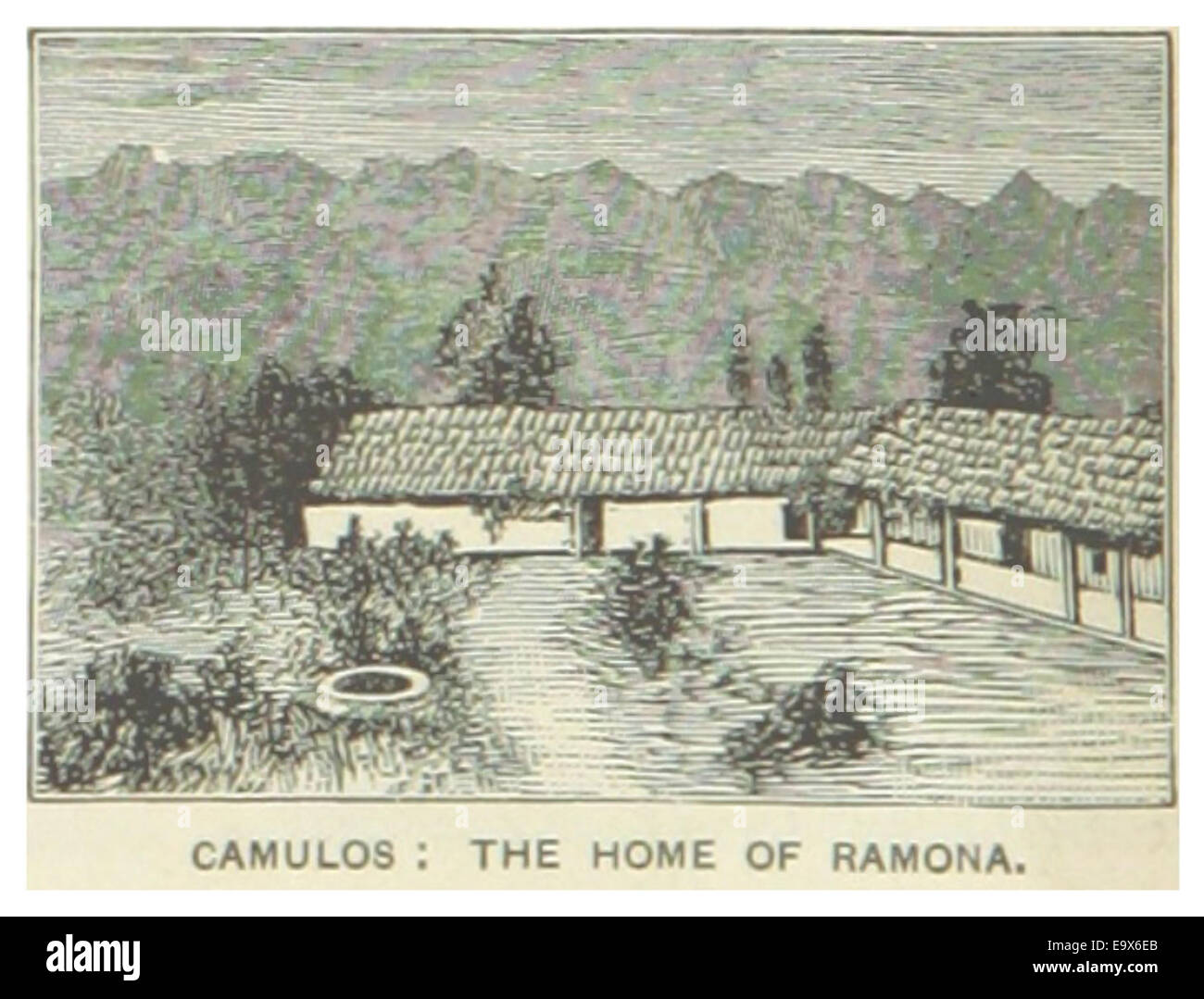 Eine Illustration aus der *US-CA* aus dem Jahr 1891, die die Camulos Ranch in Kalifornien zeigt. Das Bild zeigt die historische Heimat und die landwirtschaftliche Umgebung, die für die Entwicklung der Region entscheidend waren. Stockfoto