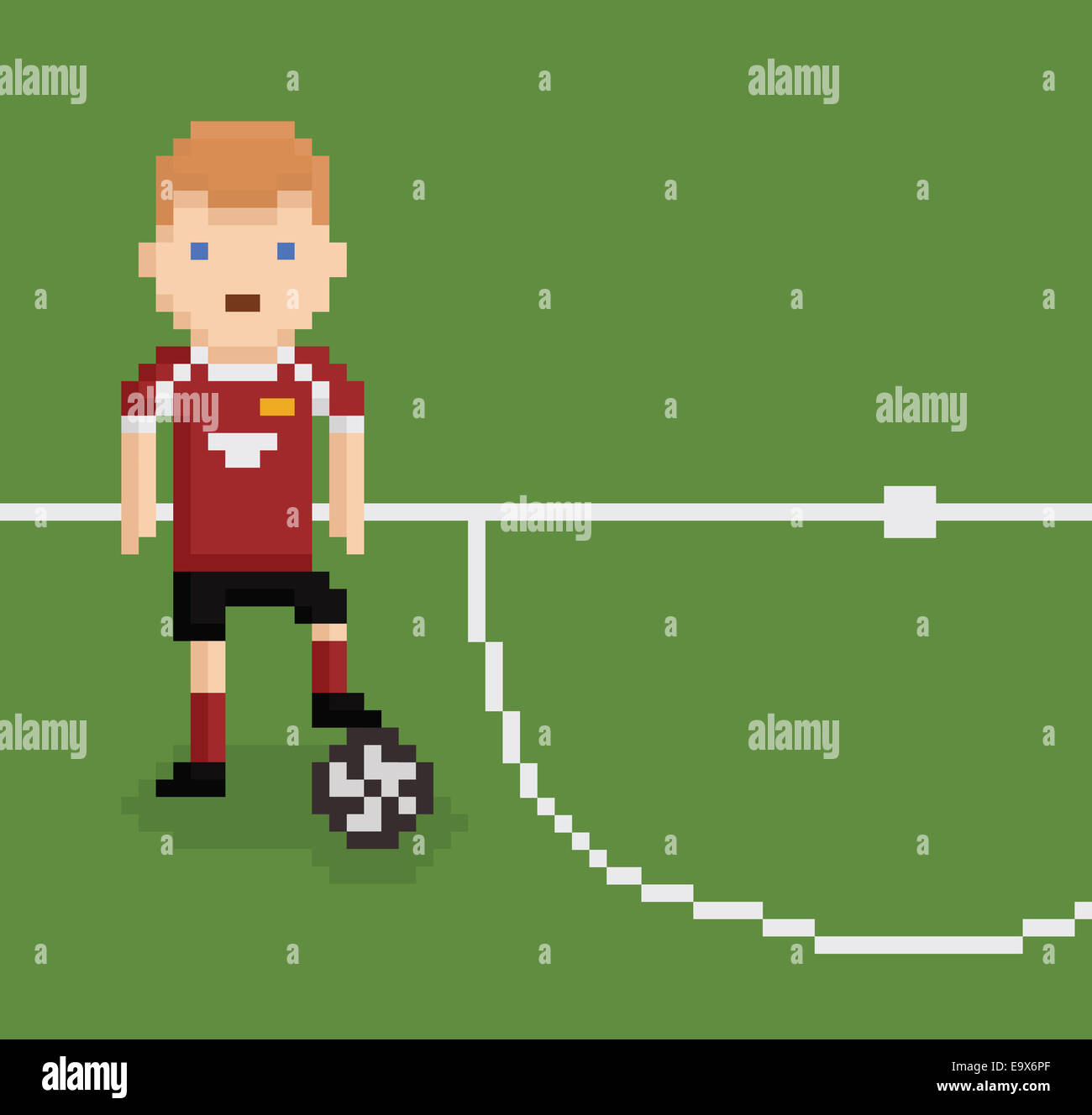 Pixel Kunst Stil Abbildung Fußball Fußball-Spieler auf der grünen Wiese mit weißen Linie hält den Ball mit seinem Bein in roten uniform Stockfoto
