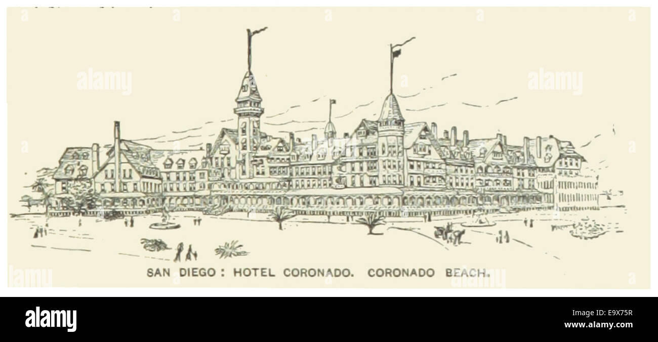 Diese Illustration aus dem Jahr 1891 zeigt den Strand von San Diego und das historische Hotel del Coronado, ein Wahrzeichen-Resort, das für seine viktorianische Architektur und den Blick auf die Küste bekannt ist. Stockfoto