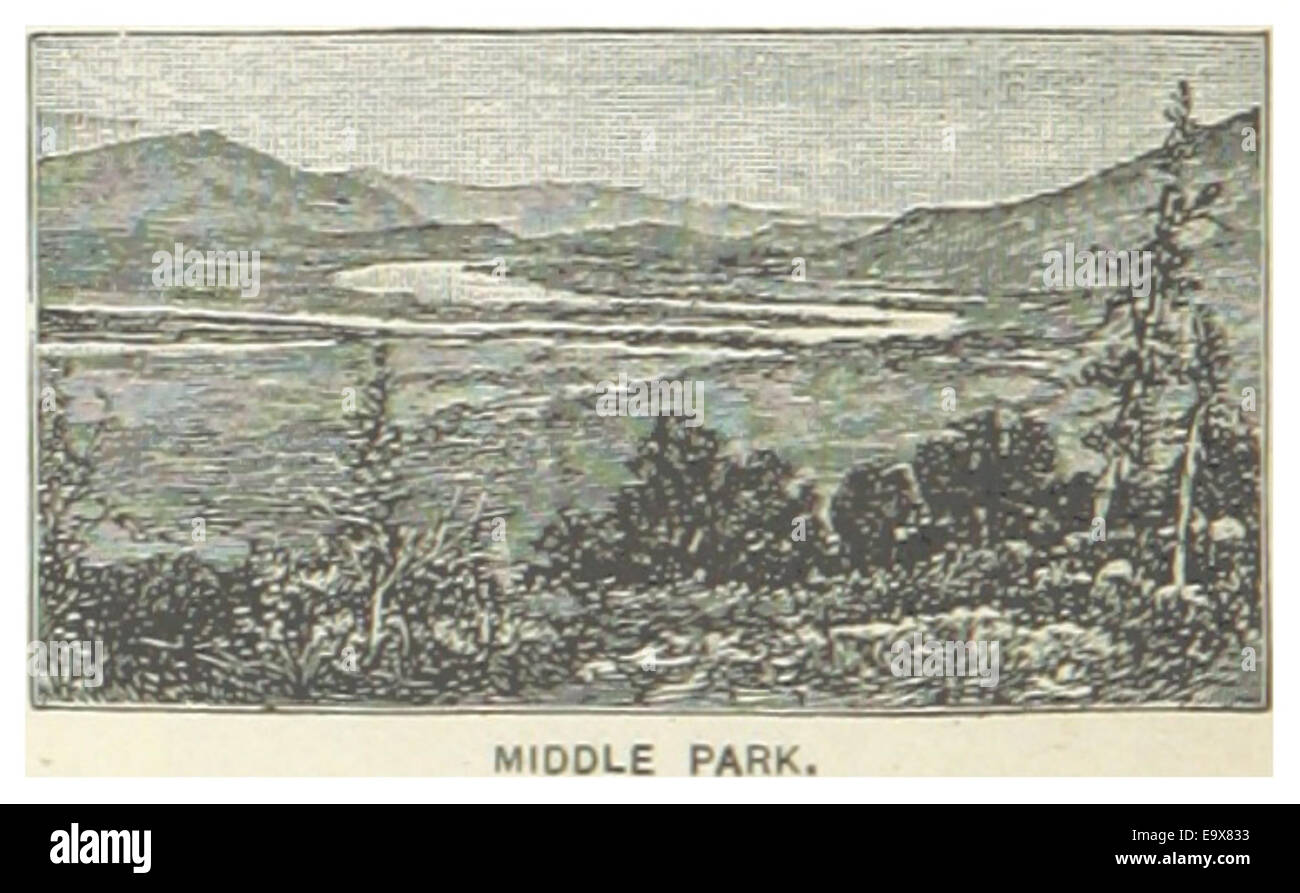 Diese Illustration aus der US-CO-Serie aus dem Jahr 1891 zeigt den Middle Park in Colorado und zeigt die Landschaft und Umgebung der Region, die wahrscheinlich die natürliche Schönheit des späten 19. Jahrhunderts unterstreicht. Stockfoto