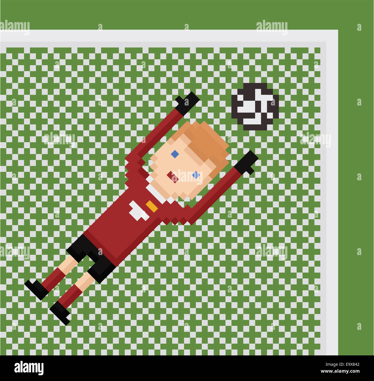 Pixel Art Abbildung Fußball Fußball-Torwart in roten Uniform fängt den Ball grün Hintergrund Stockfoto