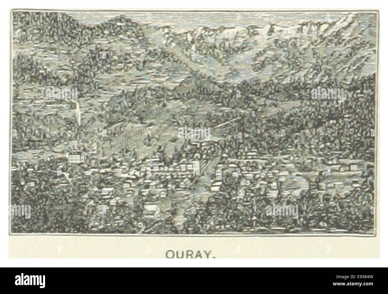 Eine Illustration von *US-CO* aus dem Jahr 1891, die die Stadt Ouray, Colorado, darstellt. Die Zeichnung unterstreicht das bergige Gelände und die Entwicklung der Stadt im späten 19. Jahrhundert. Stockfoto