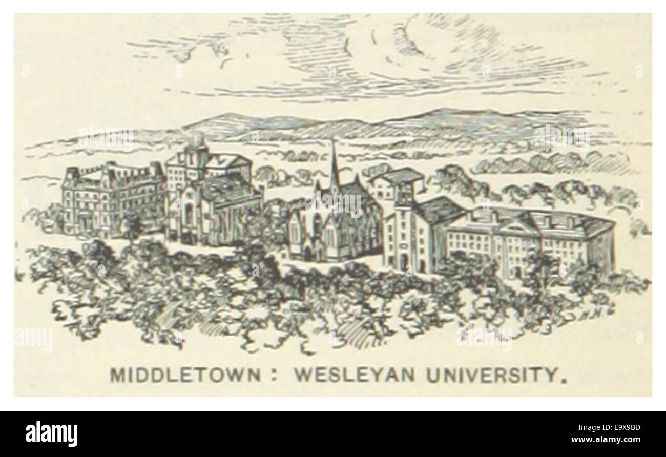 Diese Abbildung aus dem Jahr 1891 zeigt die Wesleyan University in Middletown, Connecticut, und zeigt die akademischen Gebäude und das Layout des Campus. Stockfoto