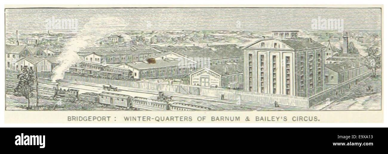 Seite 144 aus einer Publikation von 1891, die die Winterquartiere von Barnum & Bailey's Circus in Bridgeport, Connecticut, zeigt. Dieses historische Foto zeigt die Vorbereitung des Zirkus auf die Tourensaison. Stockfoto