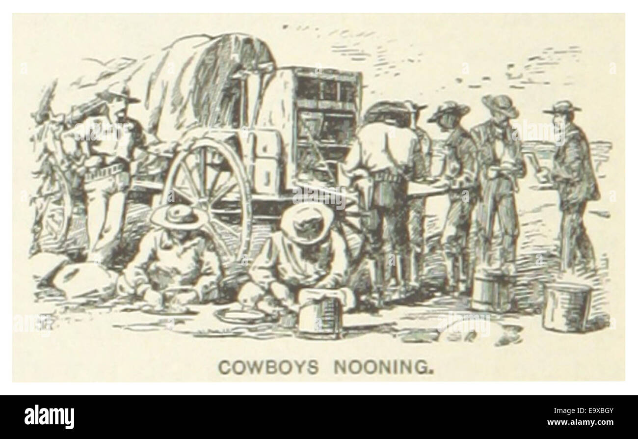 Eine Illustration aus dem Jahr 1891, die Cowboys zeigt, die während der Mittagspause im amerikanischen Westen eine Pause machen. Die Szene spiegelt die täglichen Routinen der Cowboys während der Viehfahrten wider, ein Grundpfeiler des Ranch-Lebens im Westen der Vereinigten Staaten. Stockfoto