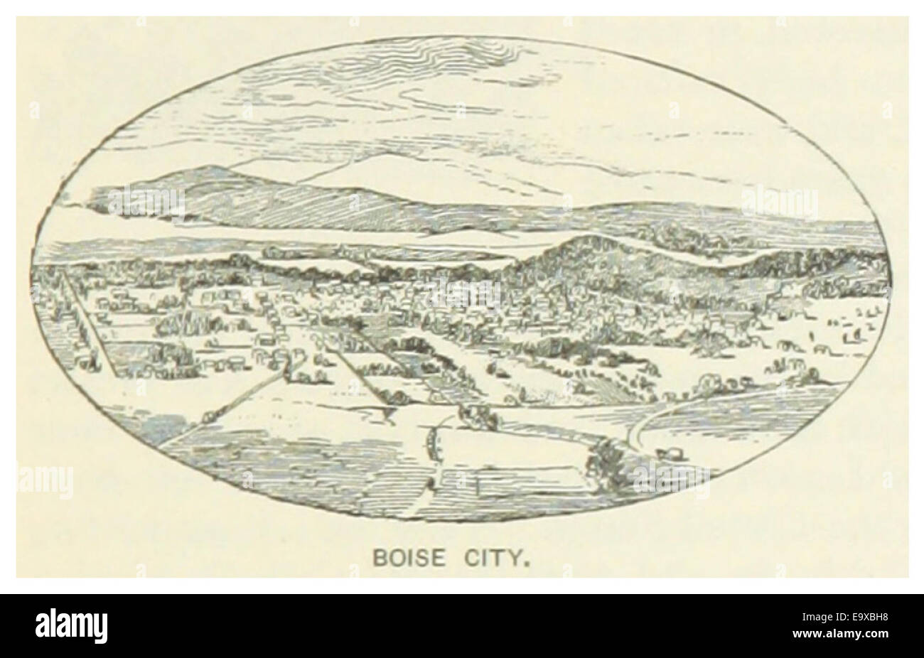 Eine Karte oder Zeichnung von Boise City, Idaho aus dem Jahr 1891, die einen frühen Blick auf das Stadtbild und die Infrastruktur der Stadt bietet. Diese Karte zeigt wahrscheinlich wichtige Straßen, Gebäude und Wahrzeichen aus dem späten 19. Jahrhundert. Stockfoto
