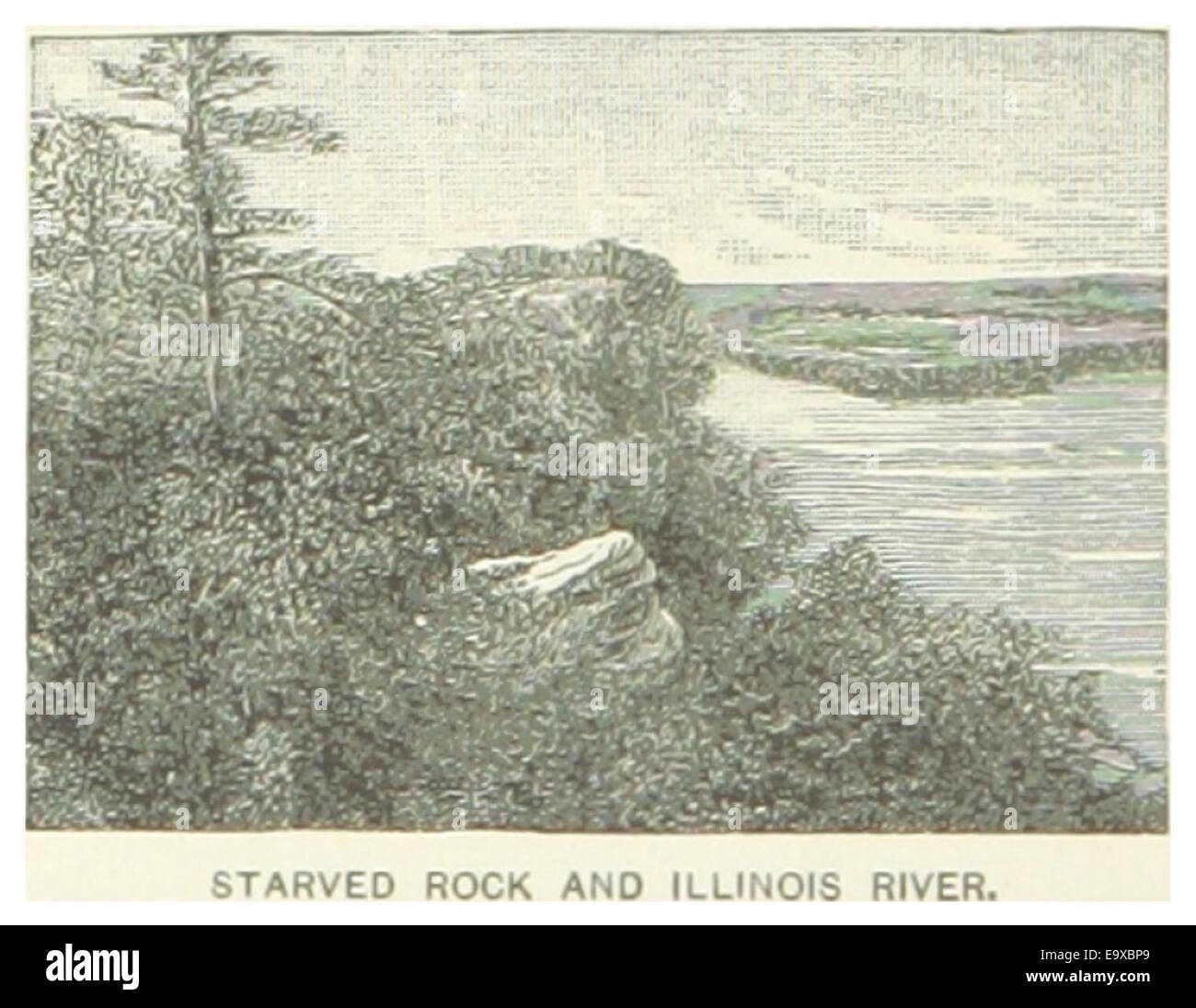 Diese Abbildung aus dem Jahr 1891 zeigt Starved Rock und den Illinois River in den Vereinigten Staaten. Es zeigt die dramatischen geologischen Formationen und die malerische Aussicht auf den Fluss und bietet einen Einblick in die natürliche Schönheit der Region während des späten 19. Jahrhunderts. Stockfoto