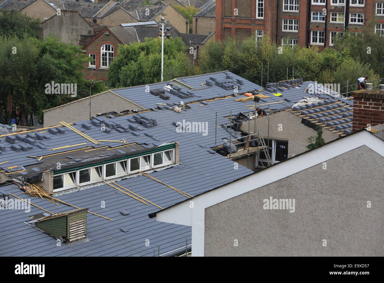 Setzen neue Schieferplatten auf Dach in Nord-London, England, UK Stockfoto