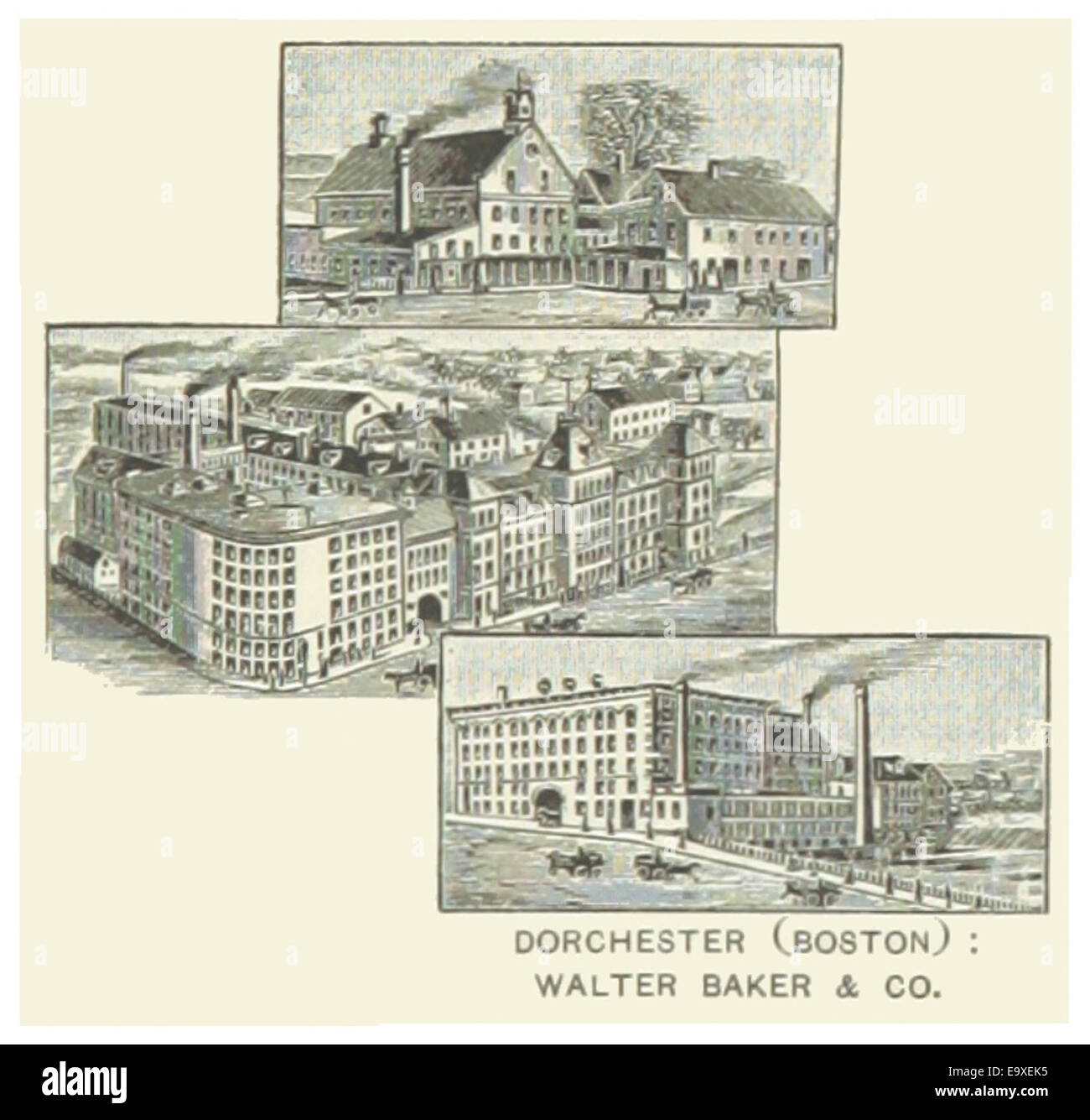 Dieser 1891 erschienene Eintrag aus der US-MA-Serie hebt die Gegend von Boston-Dorchester hervor, insbesondere die Walter Baker & Company, die für ihre Bedeutung in der amerikanischen Industrie- und Geschäftsgeschichte im späten 19. Jahrhundert bekannt ist. Stockfoto