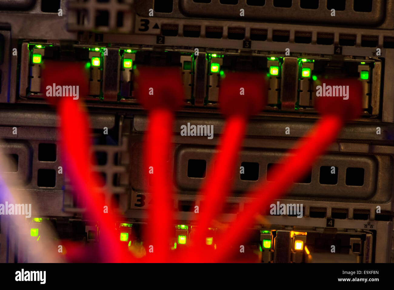 Rückseite des Server mit bunten Kabeln Stockfoto