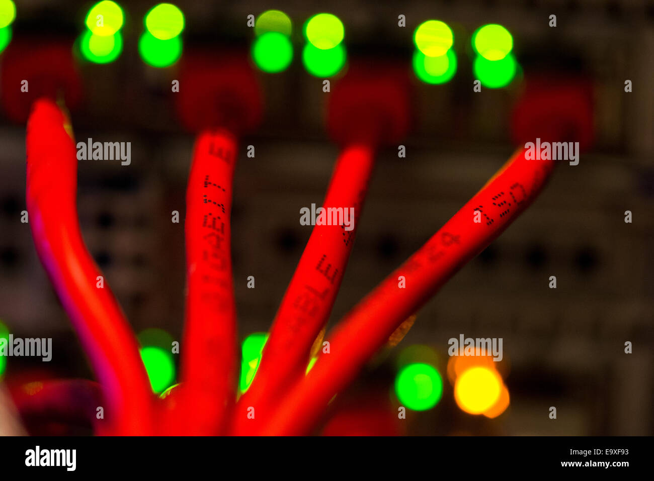 Rückseite des Server mit bunten Kabeln Stockfoto
