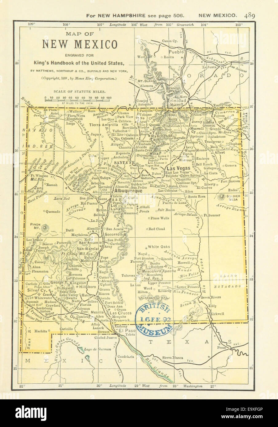 US-Maps(1891) p491 - Karte von NEW MEXICO Stockfoto