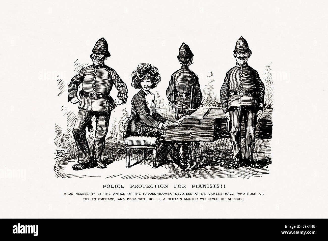 amüsante viktorianischen Abbildung aus dem Jahr 1893 von Edward Tennyson Reed, "Polizei Schutz für Pianisten" Stockfoto