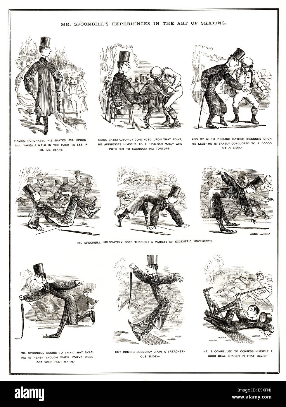 amüsante viktorianischen Illustration von 1855 von Sir John Tenniel, "Herr Löffler Erfahrungen in der Kunst des Skating" Stockfoto