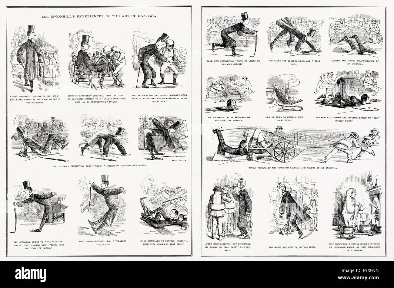 amüsante viktorianischen Illustration von 1855 von Sir John Tenniel, "Herr Löffler Erfahrungen in der Kunst des Skating" Stockfoto