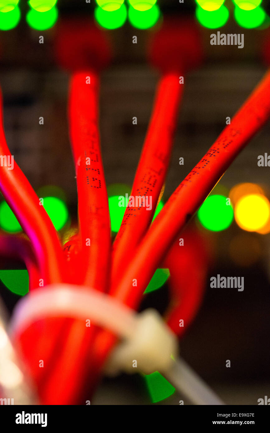 Rückseite des Server mit bunten Kabeln Stockfoto