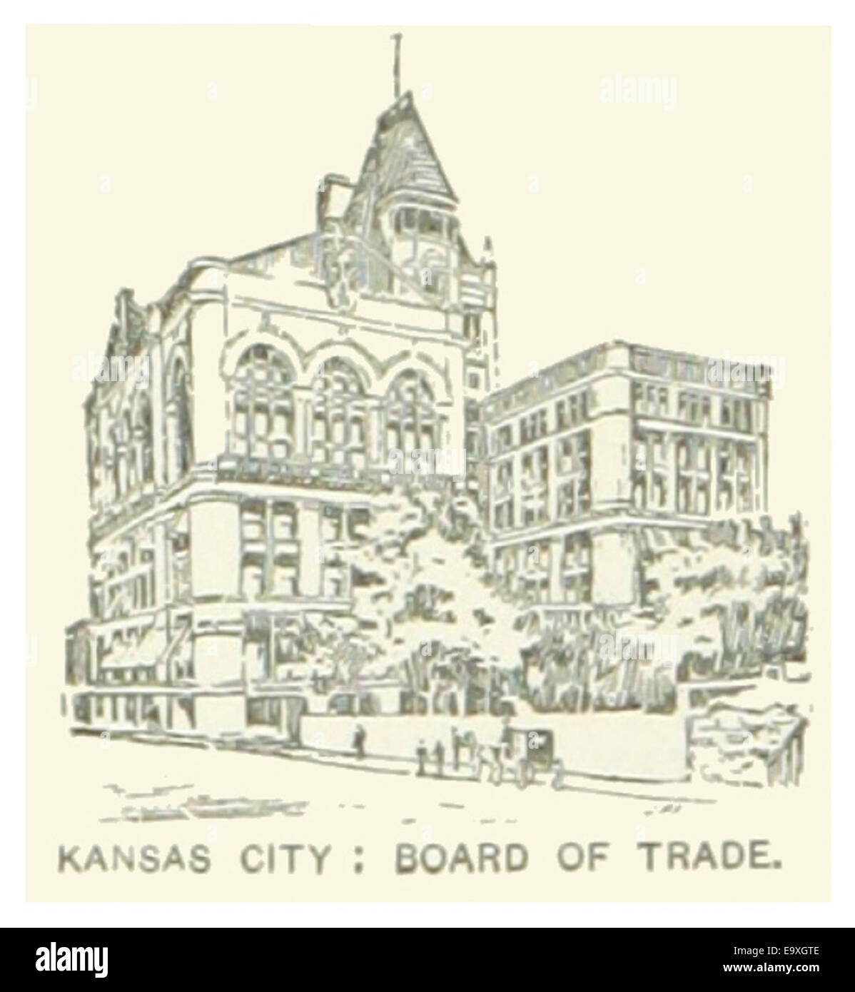 Diese Skizze aus dem Jahr 1891 zeigt das Board of Trade Building in Kansas City, Missouri, und veranschaulicht das wirtschaftliche Zentrum der Stadt in einer Zeit des schnellen industriellen und kommerziellen Wachstums. Stockfoto