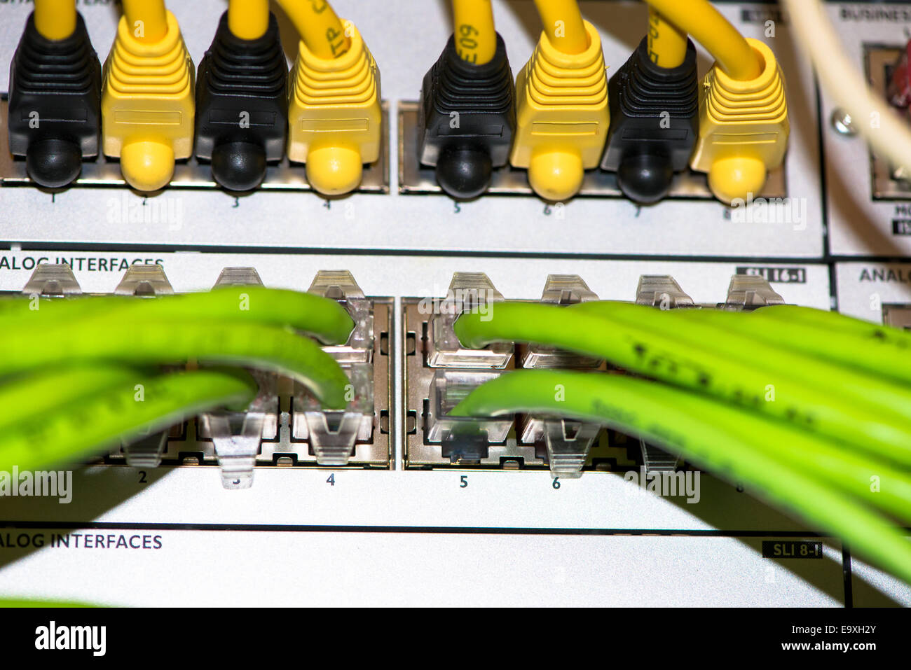 Rückseite des Server mit bunten Kabeln Stockfoto