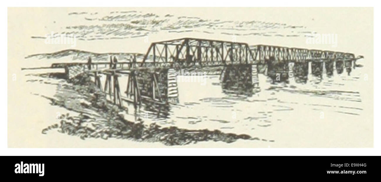 Diese Illustration aus dem Jahr 1891 zeigt die Wagenbrücke bei Great Falls, Montana. Das Bild bietet einen Einblick in die damalige Infrastruktur und Verkehrsmittel und spiegelt die Entwicklung des späten 19. Jahrhunderts in der Region wider. Stockfoto