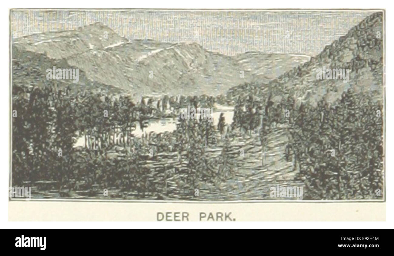 Diese Karte aus dem Jahr 1891 zeigt den Deer Park in Montana und zeigt seine natürlichen Landschaften und Freizeitmöglichkeiten. Der Park repräsentiert die Erholungskultur des späten 19. Jahrhunderts im amerikanischen Westen. Stockfoto