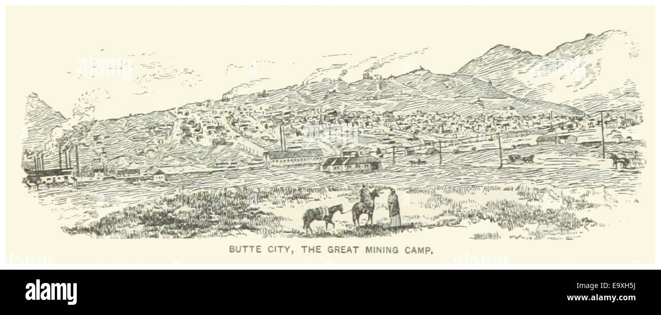 Diese Karte aus der US-MT-Veröffentlichung von 1891 auf Seite 521 zeigt Butte City, Montana, mit Schwerpunkt auf seiner Bedeutung als bedeutendes Bergbaulager im späten 19. Jahrhundert. Stockfoto
