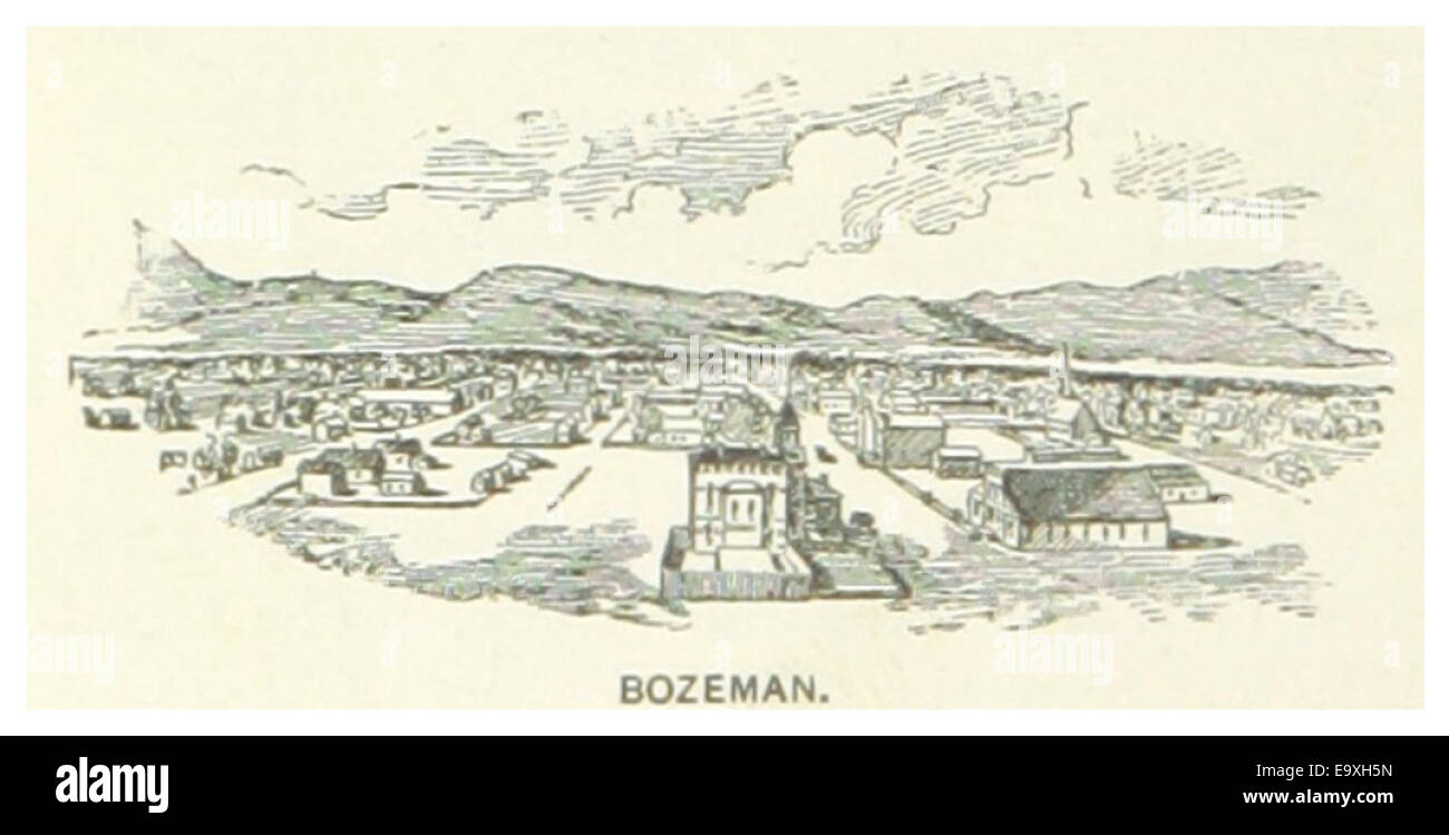Diese 1891 entstandene Illustration aus Montana zeigt Bozeman und zeigt die frühe Entwicklung der Stadt und ihre Rolle bei der Expansion des amerikanischen Westens während des späten 19. Jahrhunderts. Stockfoto