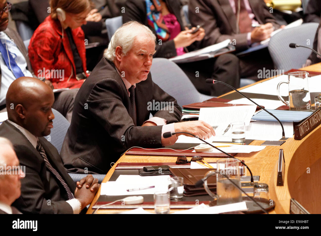 Vereinigte Königreiche Amassador bei den Vereinten Nationen, Mark Lyall Grant Adressen der UN-Sicherheitsrat während des Treffens auf den Abschuss des Ma Stockfoto