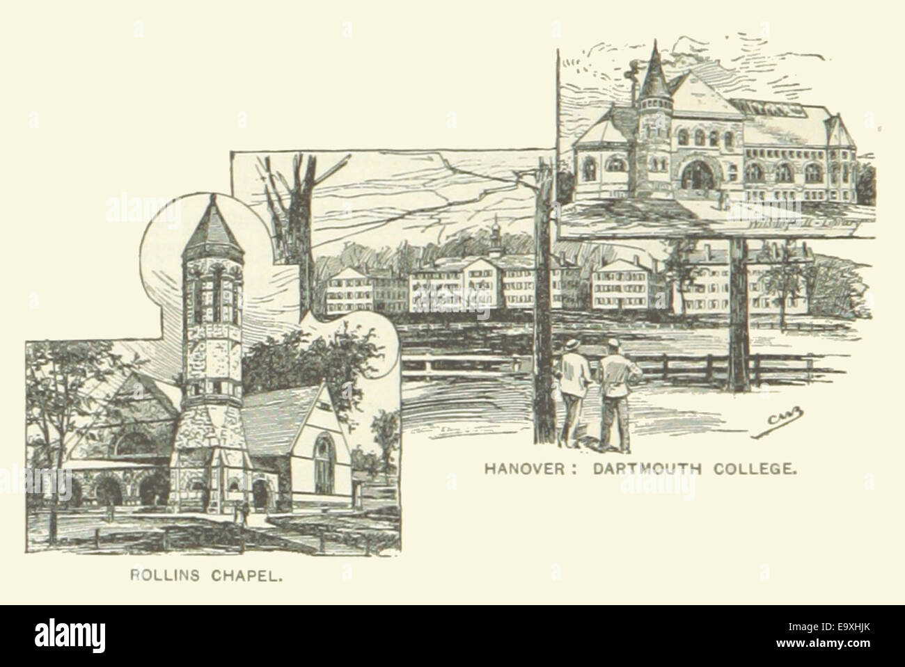 Eine Illustration des Dartmouth College in Hannover, New Hampshire, aus dem Jahr 1891, einer der ältesten und renommiertesten Universitäten der Vereinigten Staaten, die für ihren Ivy League-Status und akademische Exzellenz bekannt ist. Stockfoto