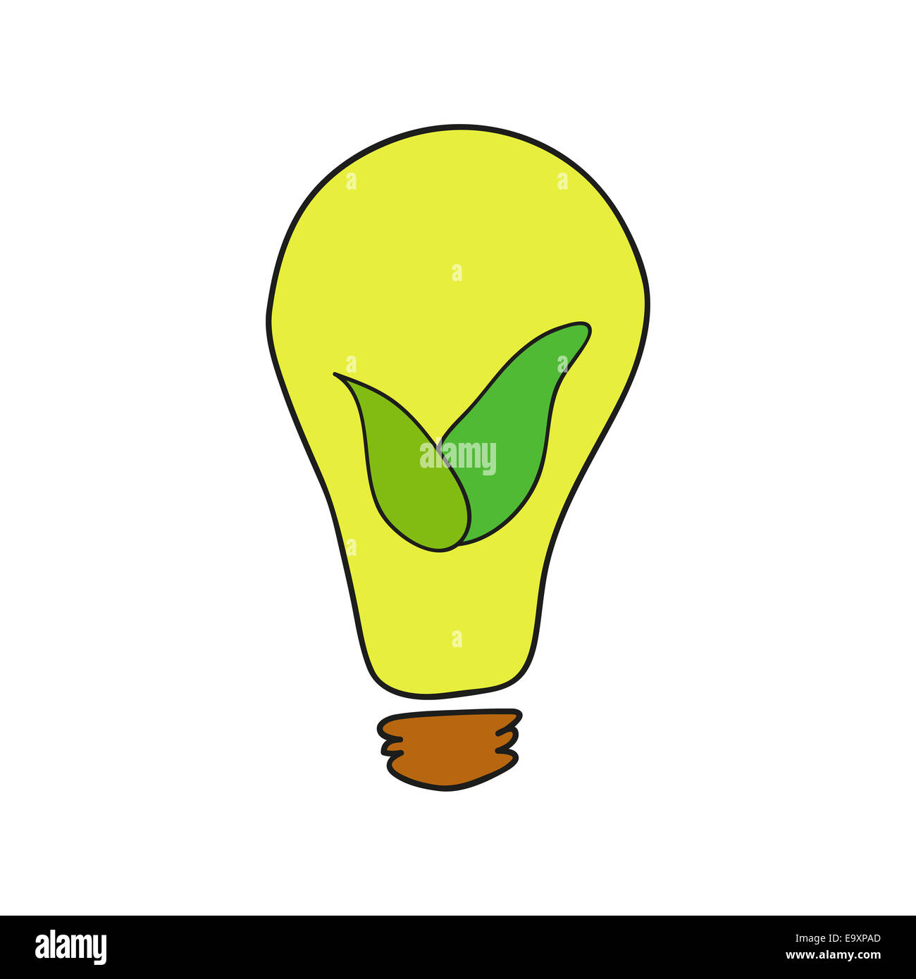 Doodle-Stil Lampe mit Blättern als Öko-Energie-symbol Stockfoto