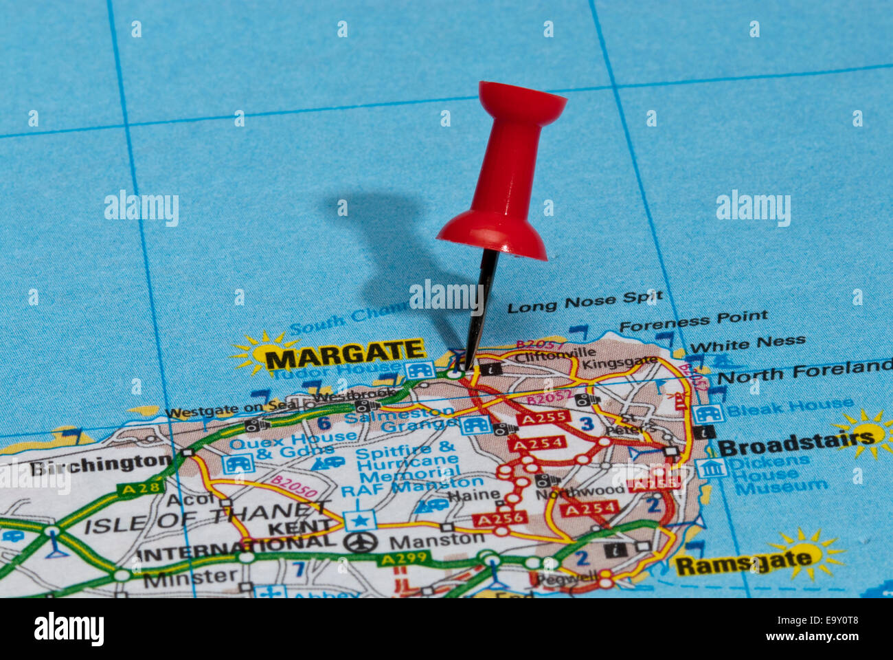 rote Karte Pin im Fahrplan auf Stadt Margate Stockfoto