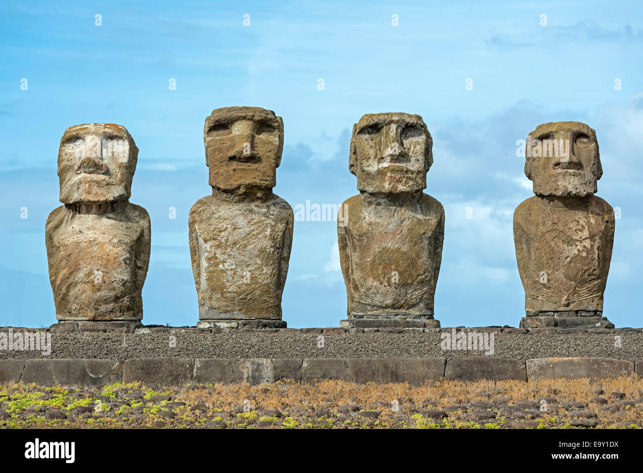 Gruppe von Moai, Rano Raraku, Osterinsel, Chile Stockfoto